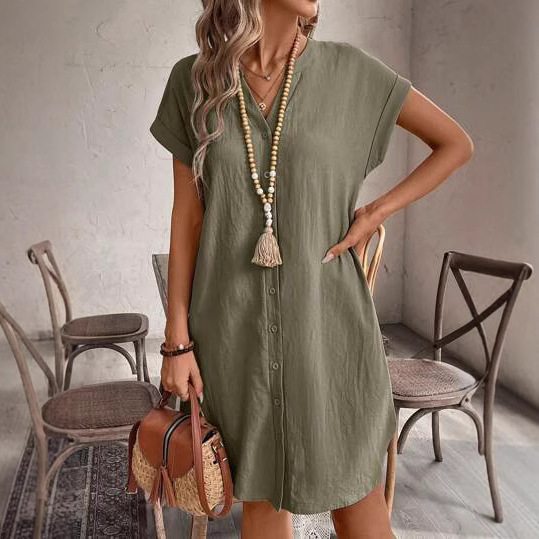 Cross-Border Amazon Temu Hot-Selling Short-Sleeve Shirt Dress, Woven Summer V-Neck Solid Color Women's Dress