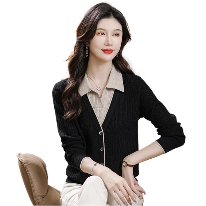 现货【90-160斤】高品质秋冬保暖毛衣女新款时尚衬衫领假两件毛衫|undefined