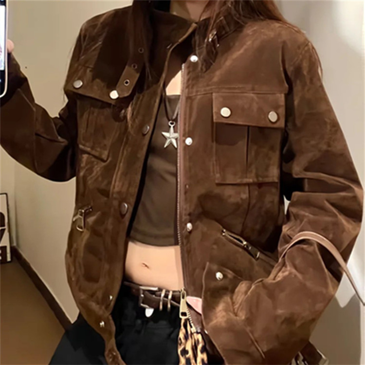 American Retro Suede Stand-Up Collar Motorcycle Jacket for Women in Autumn and Winter Loose Slimming Look Short Zipper Top Jacket