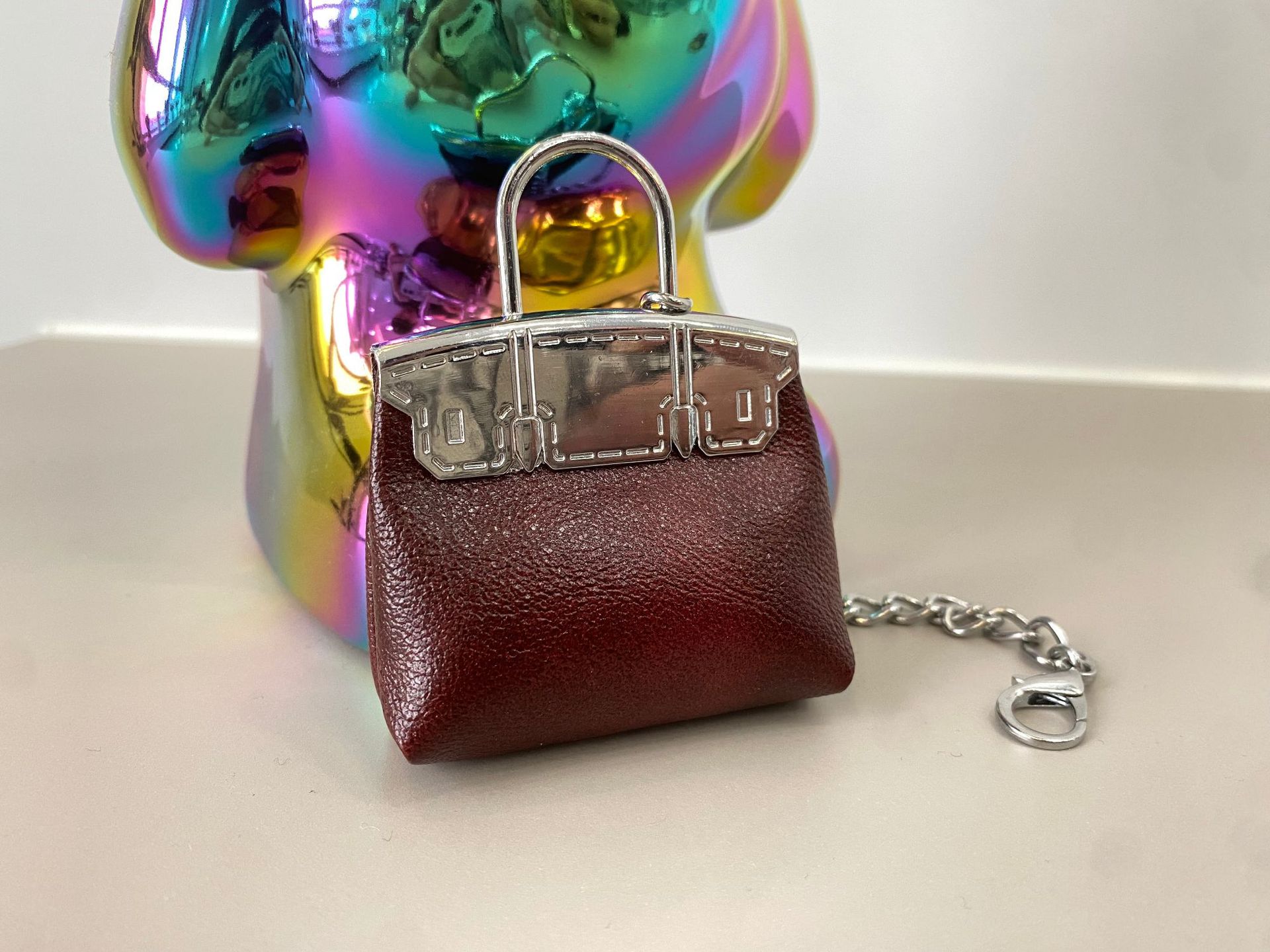 버건디 오일 왁스 가죽 실버 체인