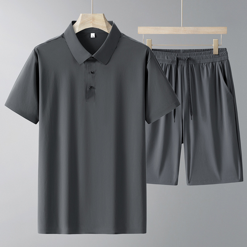 Papa set de pantalones cortos de verano de hielo de alta calidad elástico delgado de manga corta de mediana edad deportiva polo casual dos piezas set