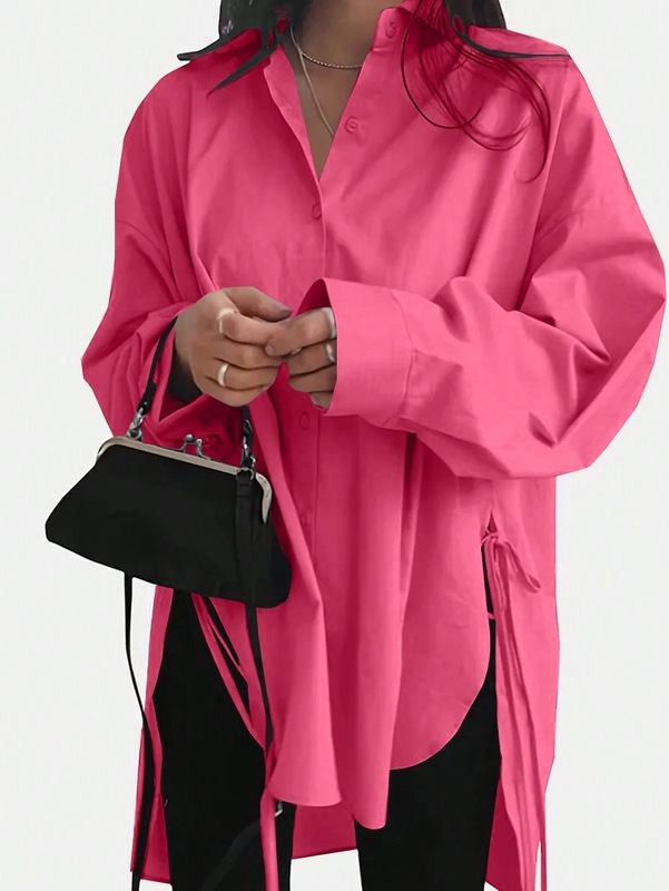 ヨーロッパとアメリカの貿易婦人服Amazon AliExpress新しい女性の初秋のルーズフロントショートバックロングレースアップスリムシャツ|undefined