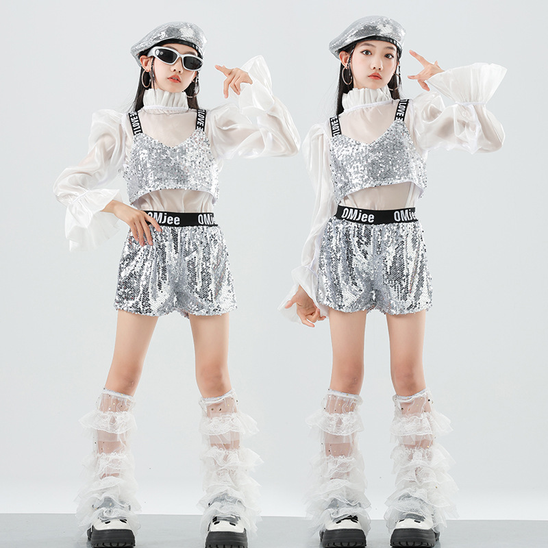 儿童模特T台走秀银色舞蹈服科技感潮酷服装kpop女童爵士舞演出服
