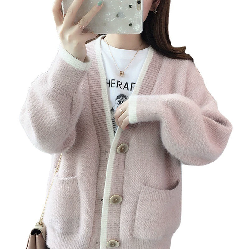 Свитер, куртка осенняя, вязаная кардиган, оверсайз, свободный крой, искусственный мех