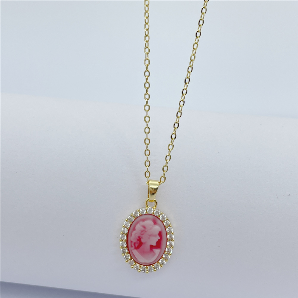 Retro Portrait Oval Copper Enamel Zircon Pendant Necklace 1 Piece