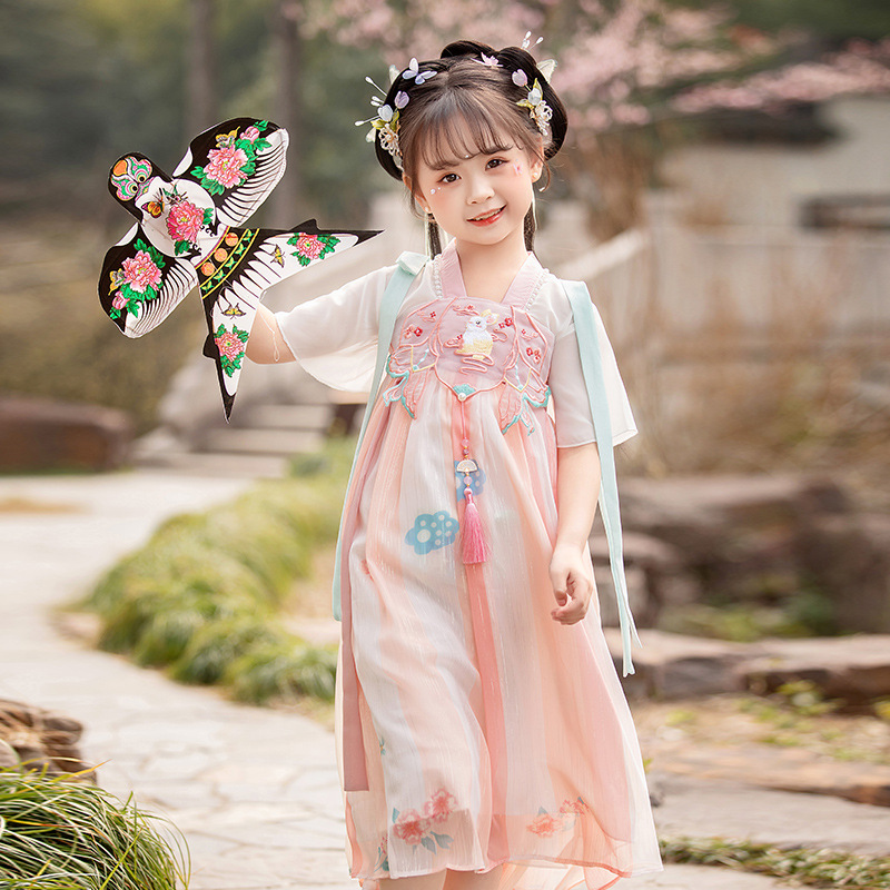 Jade Rabbit Summer New Short Sleeve Hanfu Dress Children's Chinese Style Skirt Internet Celebrity Baby Fairy Embroidery