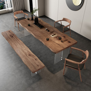 New Chinese Acrylic Solid Wood Tea Table Log Large Board Suspension Tea Table Simple Living Room Tea Room Tea Table and Chair Combination