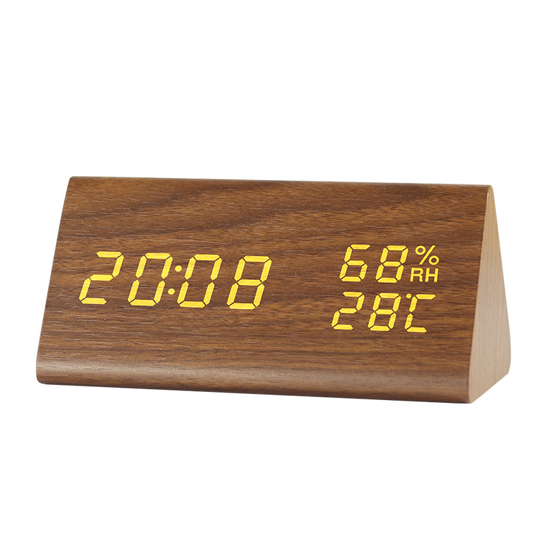 Amazon estudiante regalo escritorio creativo triángulo reloj de alarma control de voz temperatura y humedad digital Reloj de madera electrónica