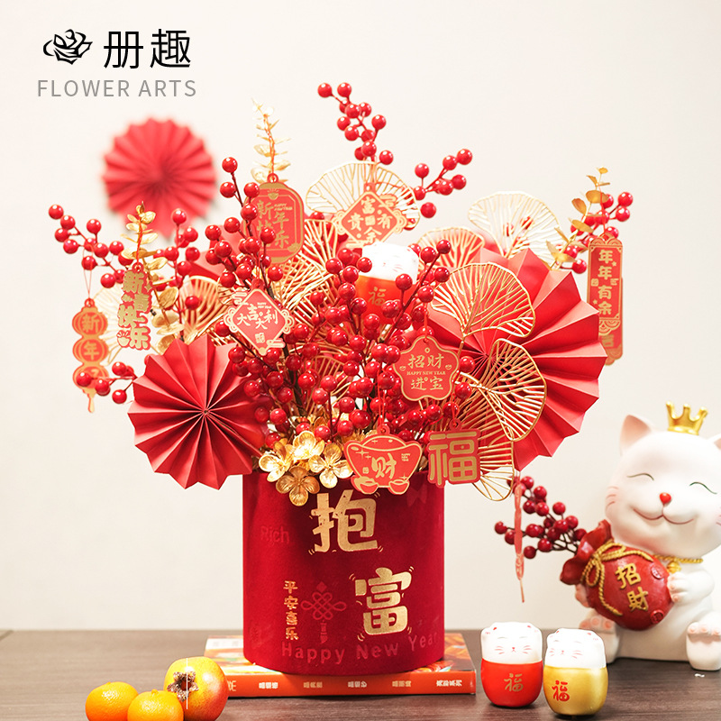 Año Nuevo decoración festivo acabado artificial flor fortuna fruta bendición cubo flor arreglo movimiento de inauguración felicidad en macetas hogar