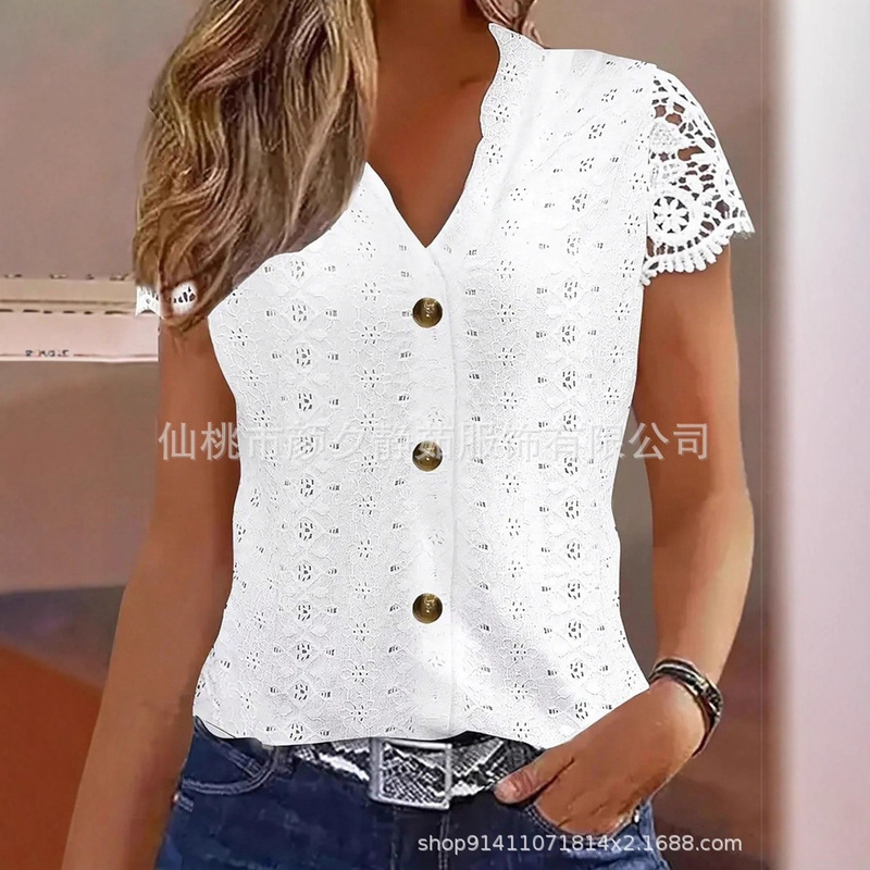 V-Neck Lace Splicing Cut Out Embroider Front Button Spring and Summer Short-Sleeved Top