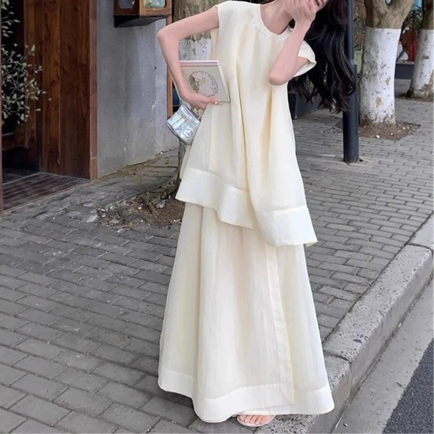 Юбка-костюм без рукавов для полных женщин, французская мода, лето, большой размер 1.0-150kg года, свободный топ + длинная юбка, комплект из двух предметов