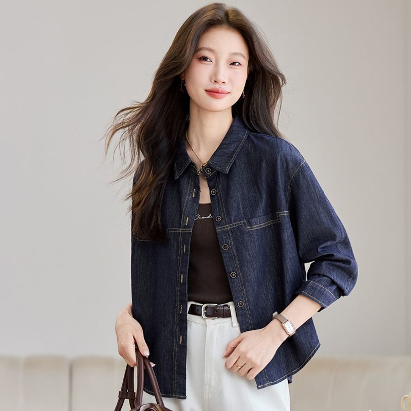 Dark Blue Long-Sleeved Denim Shirt for Women, Loose Fit, 2026 Spring New Korean Style, Thin Retro Jacket Top