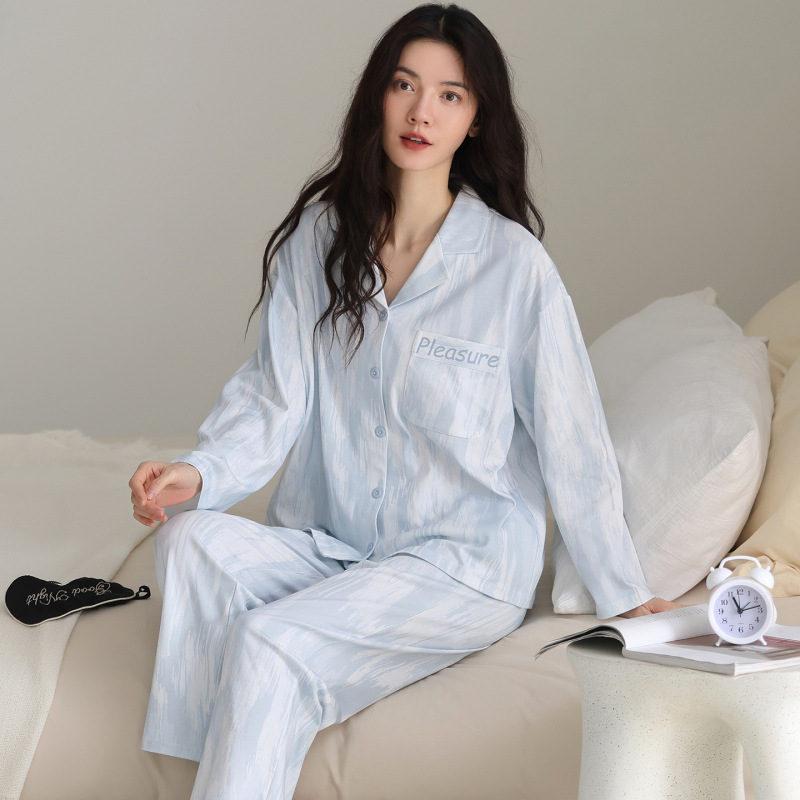 韩版ins风长袖纯棉睡衣女春秋2025新款高级感纯色家居服套装春款|undefined