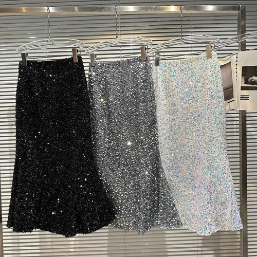 Girls spring and autumn new style small fragrant skirt Korean style full body sequin mid-length fashionable fishtail skirt hip skirt