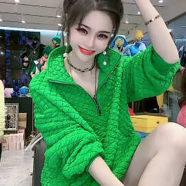 美式慵懒chic卫衣女秋季2023新款拉链绿色口袋套头毛毛长袖上衣女