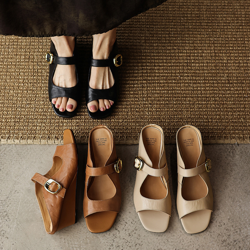 2026 New Summer Sandals, Square-Toe High-Heeled Wedge Shoes, Comfortable Two-Way Wear Women's Shoes