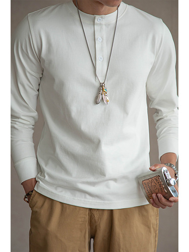 American Retro Heavyweight Henley Shirt Slim Cotton T-Shirt Men Long Sleeve Loose Base Shirt Khaki Tough Guy Men Autumn Summer