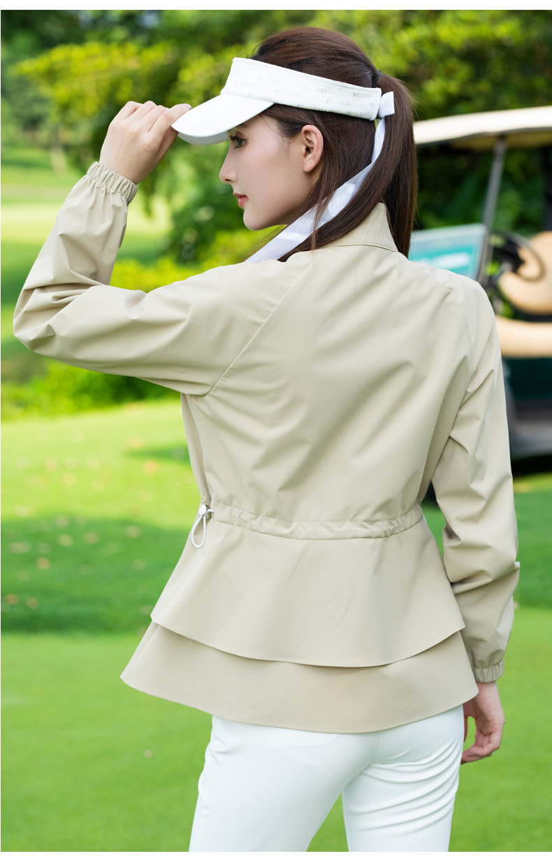 Áo khoác golf nữ cổ đứng, viền lông, dây kéo, chống gió chống thấm — Áo khoác màu xám [vải chống gió/chống thấm nước và chống văng/dây thắt lưng có thể điều chỉnh] YF844 chi tiết 17