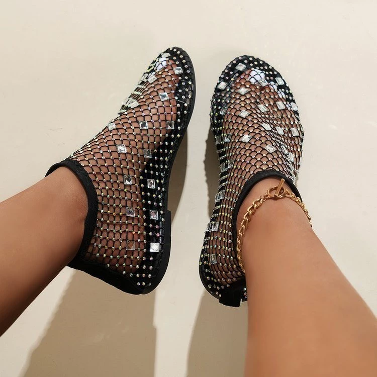 Summer mesh ankle boots, rhinestone embellished, elastic ankle band, sizes 36–43