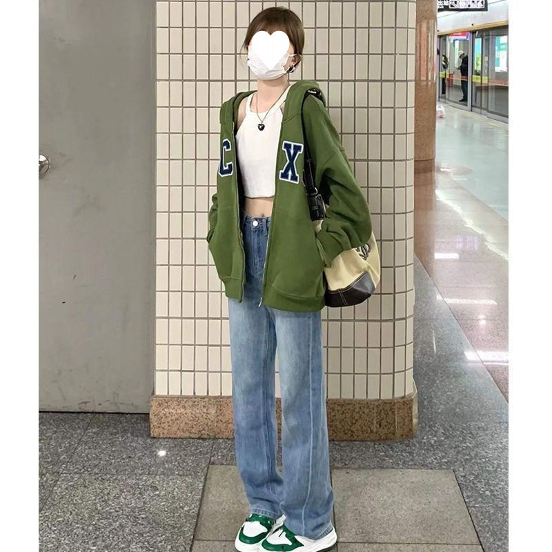 미국식 레트로 그린 스웨터 코트 여자 가을과 겨울 느슨한 캐주얼 올 매치 카디건 후드 야구 의류 INS 트렌디