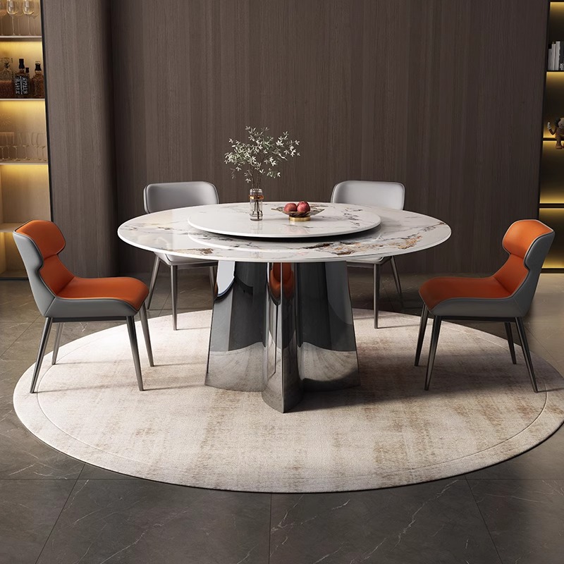Mesa de comedor redonda de apartamento pequeño de sala de estar simple moderna con tocadiscos Combinación de mesa y silla de comedor de placa de roca brillante de lujo ligero de estilo italiano
