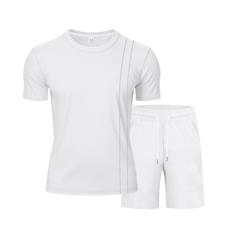 Men's Clothing Summer Men's Loose Waffle Two Piece Suit Round Neck Short Sleeved Shorts Set Simple Style For Formal & Casual_viptrois.com