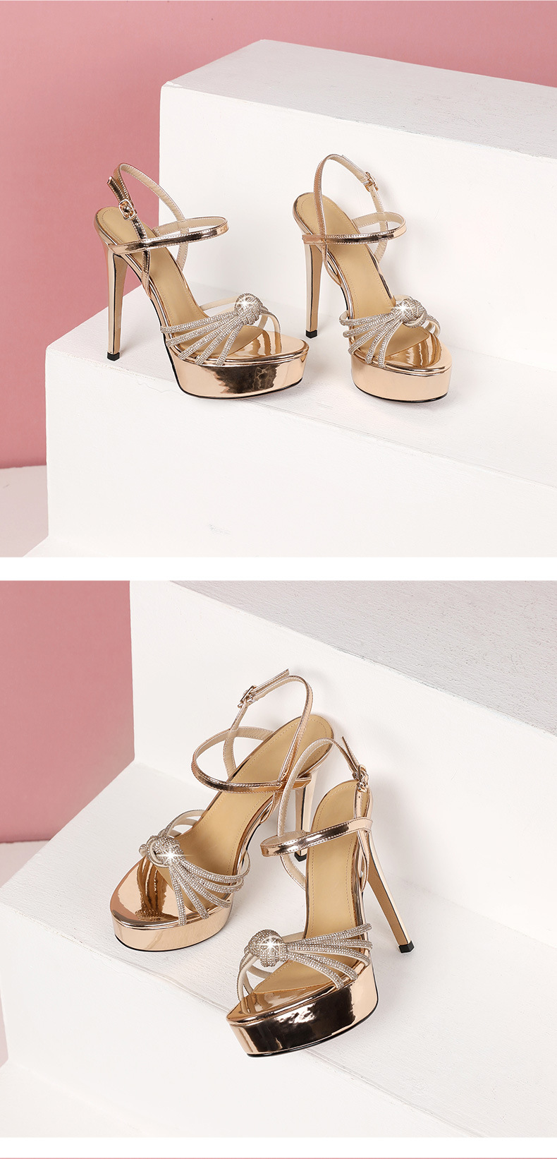 Sandal nữ cao gót 13 cm đính đá hở mũi quai mắt cá chân da thật — Bạc (13 cm) chi tiết 12