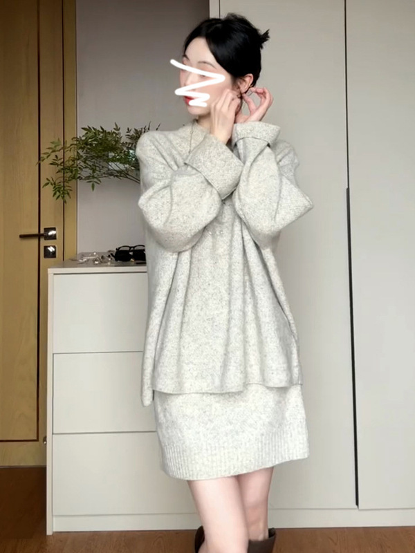 韩系感纯色毛衣套装女2025年秋冬季新款慵懒风针织衫半身裙两件套|undefined