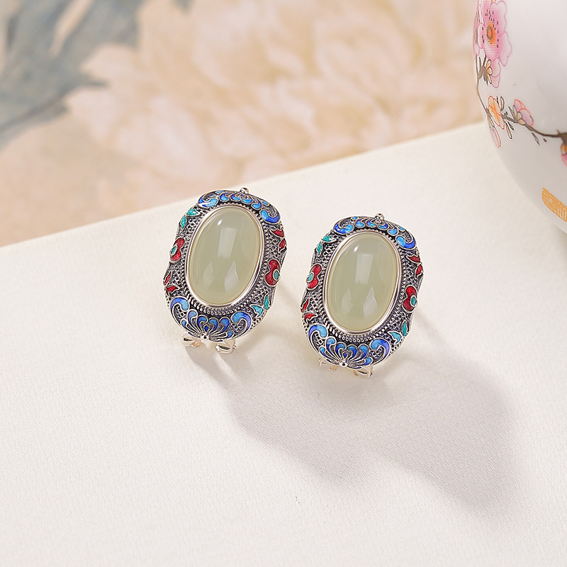 Khuyên tai bạc S925 đính đá ngọc tình thủy hình hoa sen phong cách vintage — Cặp đôi