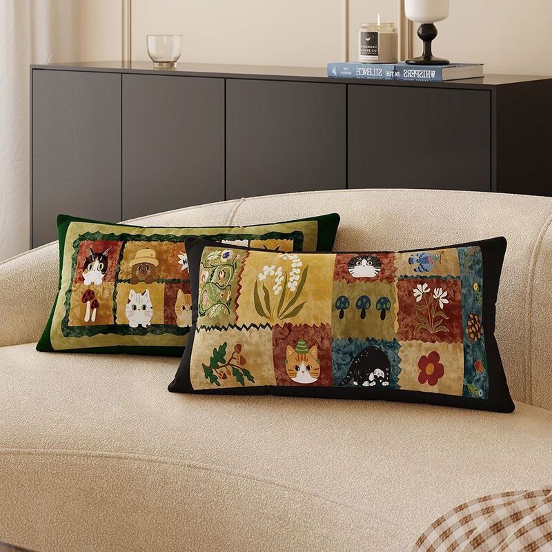 Cartoon-Style Vintage Rectangular Pillowcase for Living Room Sofa, High-End Cushion with Insert, Super Soft Lumbar Pillow for Bed Headboard