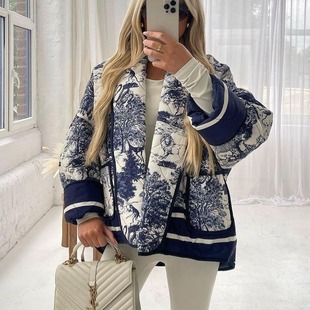 Printed Double Pocket Cotton Coat Women's European and American 2023 Autumn and Winter Fashion AliExpress Cotton Coat 1641