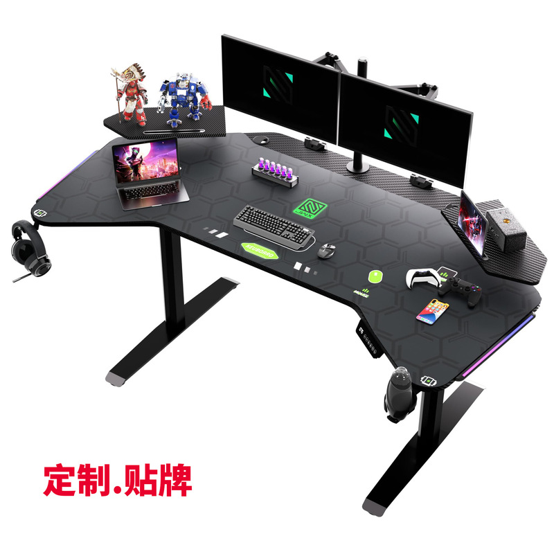 Factory Custom-Made Vertical Gaming Desk with Led Ambient Lighting, Large Gaming Computer Desk with Slot Design and Adjustable Height