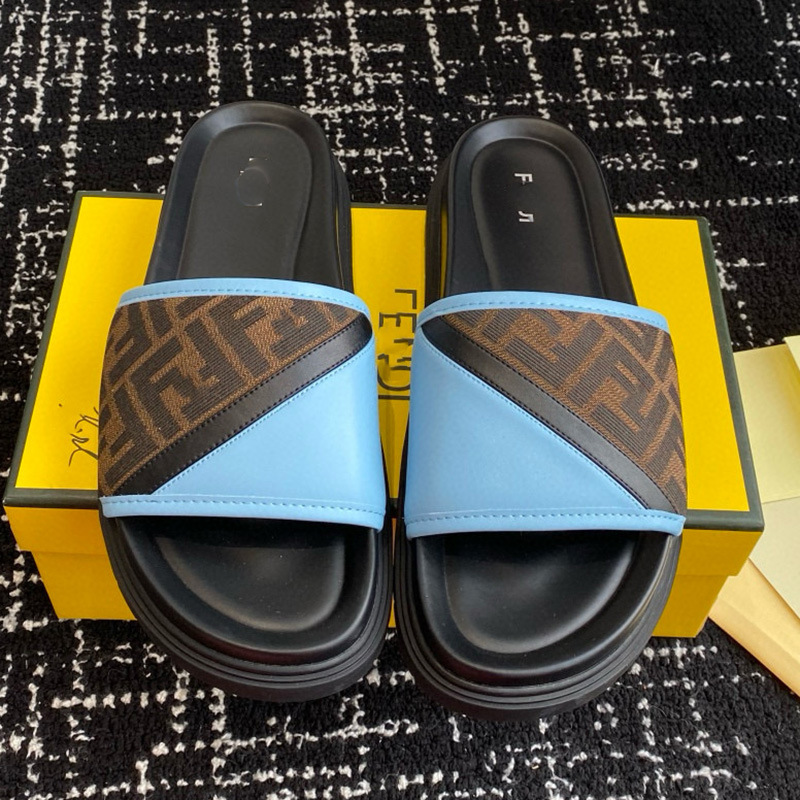 Zapatillas de hombre de suela gruesa FD Singapur Vietnam Turquía 2025 verano cuero FF letras jacquard presbies chanclas