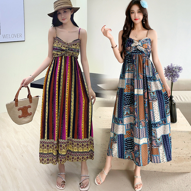 夏ボヘミアン花柄サスペンダースカート東南アジアレーヨンシルクスカートノースリーブプリント海辺休暇ロングスカート|undefined