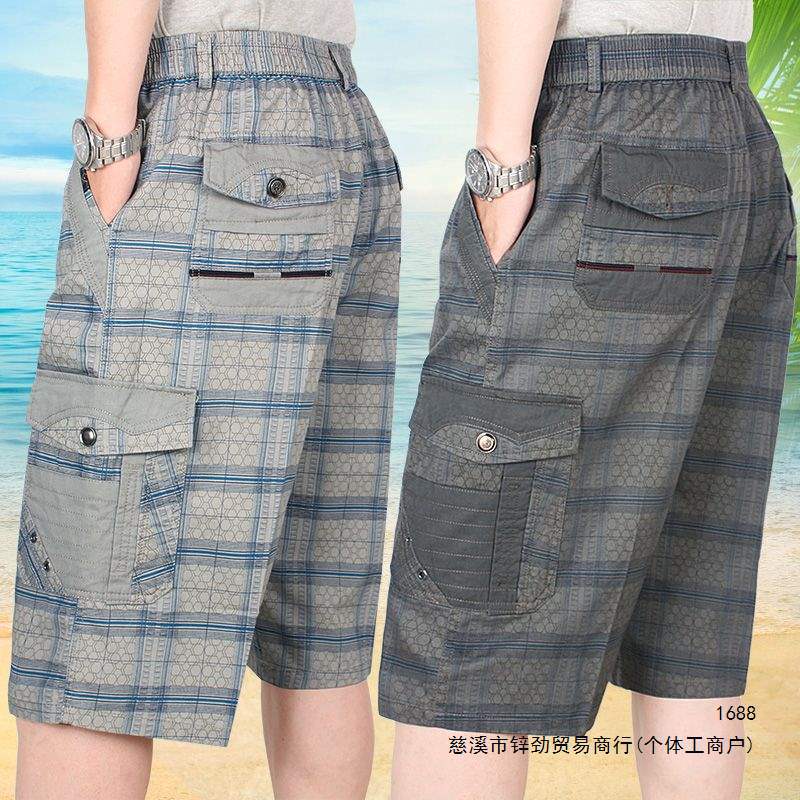 Men's loose-fitting summer shorts, elastic waist, casual mid-length shorts, plus size cotton riding breeches for middle-aged and elderly men.