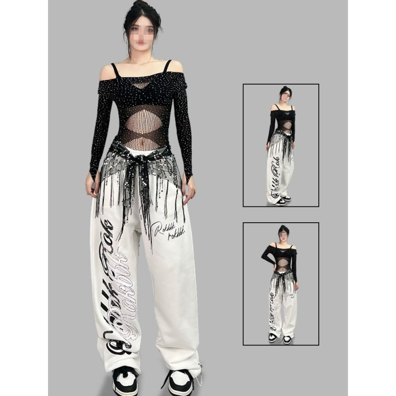 European and American Style 2025 New Casual Cloth Korean Street Dance Fashion Brand Single Leg Printed Jazz Trousers Dancing Sports Women's Pants