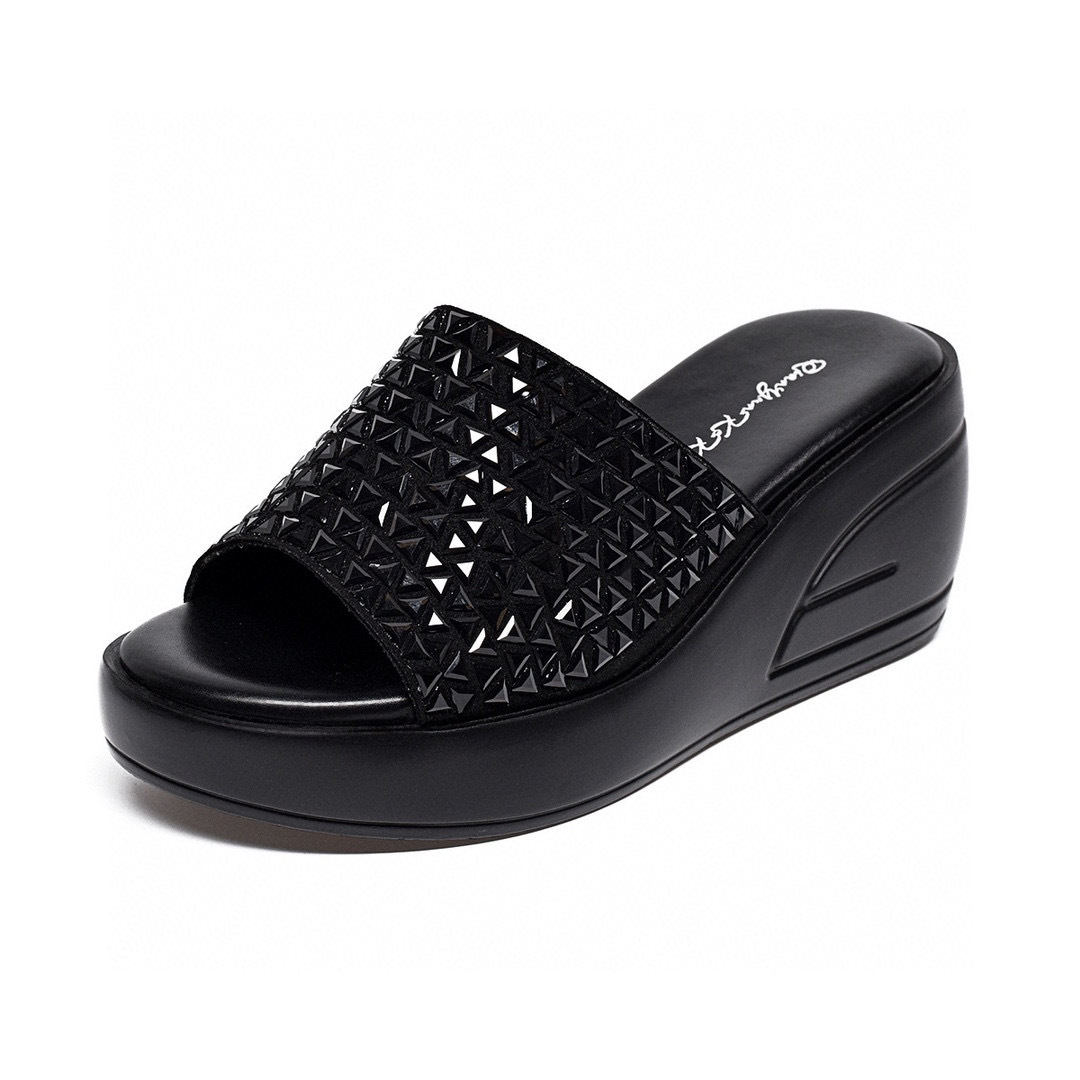 Dép sandal nữ đế xuồng cao cấp đính đá, quai chữ V, đế dày platform — đen