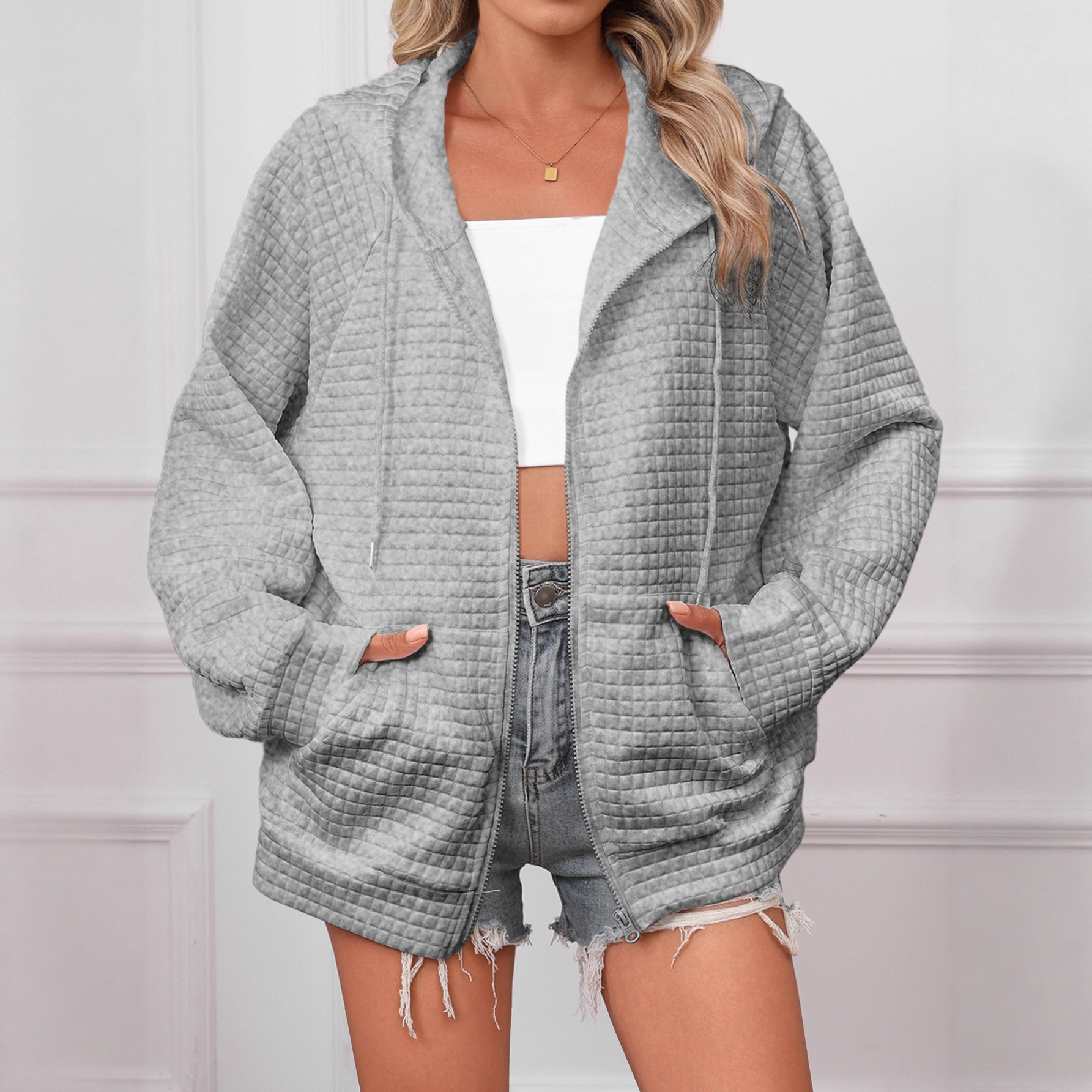 Autumn And Winter Waffle Hooded Drawstring Sweatshirt Casual Zip Jacket Jacket For Women_ecoleips.com
