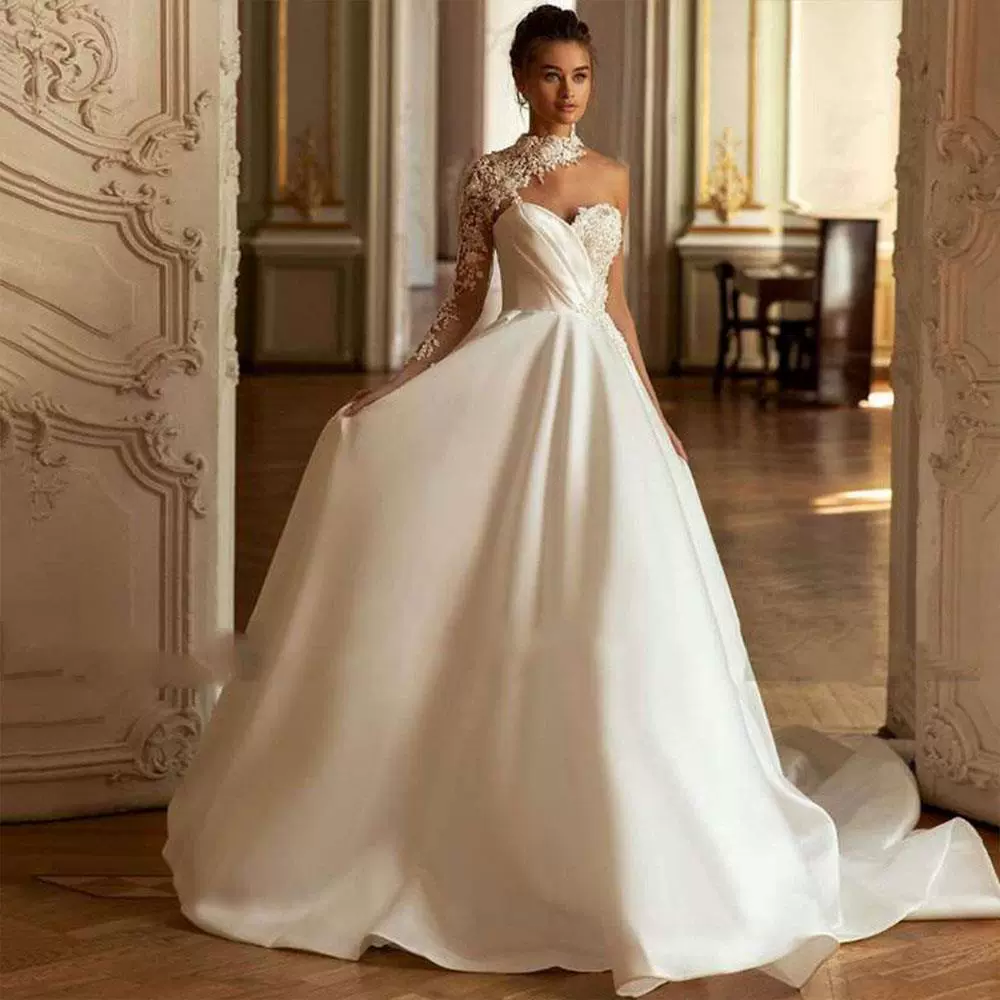 Комбинат Suzhou Foreign Trade Wedding Dress Factory Small tail cock heart collar satin single sleeve activity wedding dress two-wear style