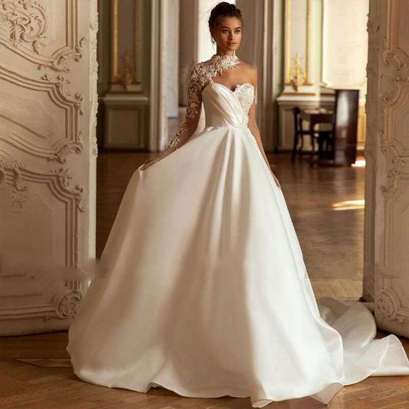 Suzhou Foreign Trade Wedding Dress Factory Small Trailing Chicken Heart Collar Satin Single Sleeve Activity Wedding Dress Two-Wear Style Suzhou Foreign Trade Wedding Dress Factory Small Trailing Chicken Heart Collar Satin Single Sleeve Activity Wedding Dress Two-Wear Style