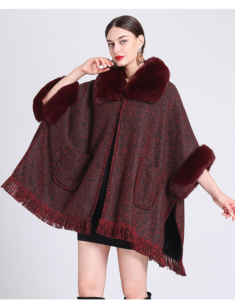 Mantella in pile extra spesso con collo in pelliccia, ampia e larga taglia, cardigan lavorato a maglia per donna_voghion.com