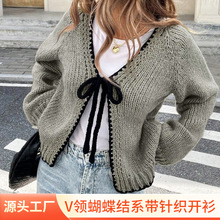 新款跨境欧美女装秋冬季针织开衫系带毛衣纯色宽松长袖上衣外套