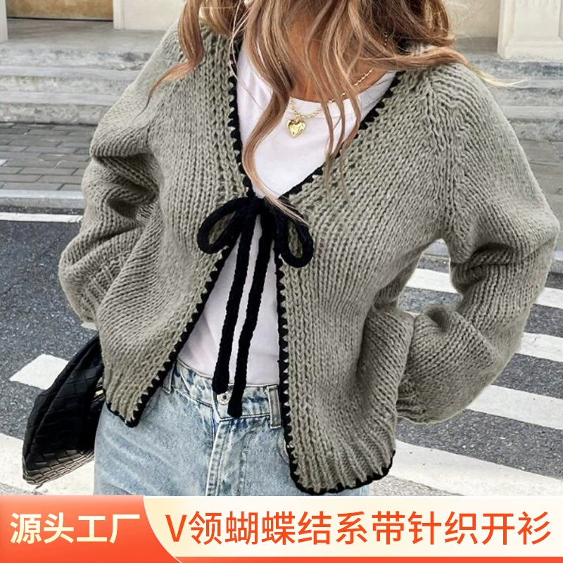 Новая трансграничная европейская и американская одежда, осенне-зимний вязаный кардиган, свитер на шнуровке, однотонный свободный топ с длинными рукавами, куртка