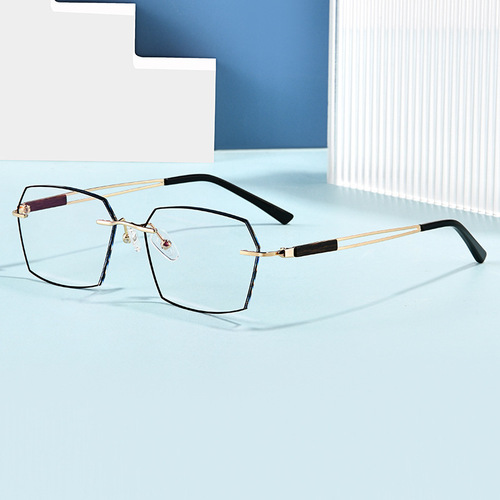 新款时尚多边无框金属老花镜高清防蓝光抗疲劳眼镜男士变色平光镜