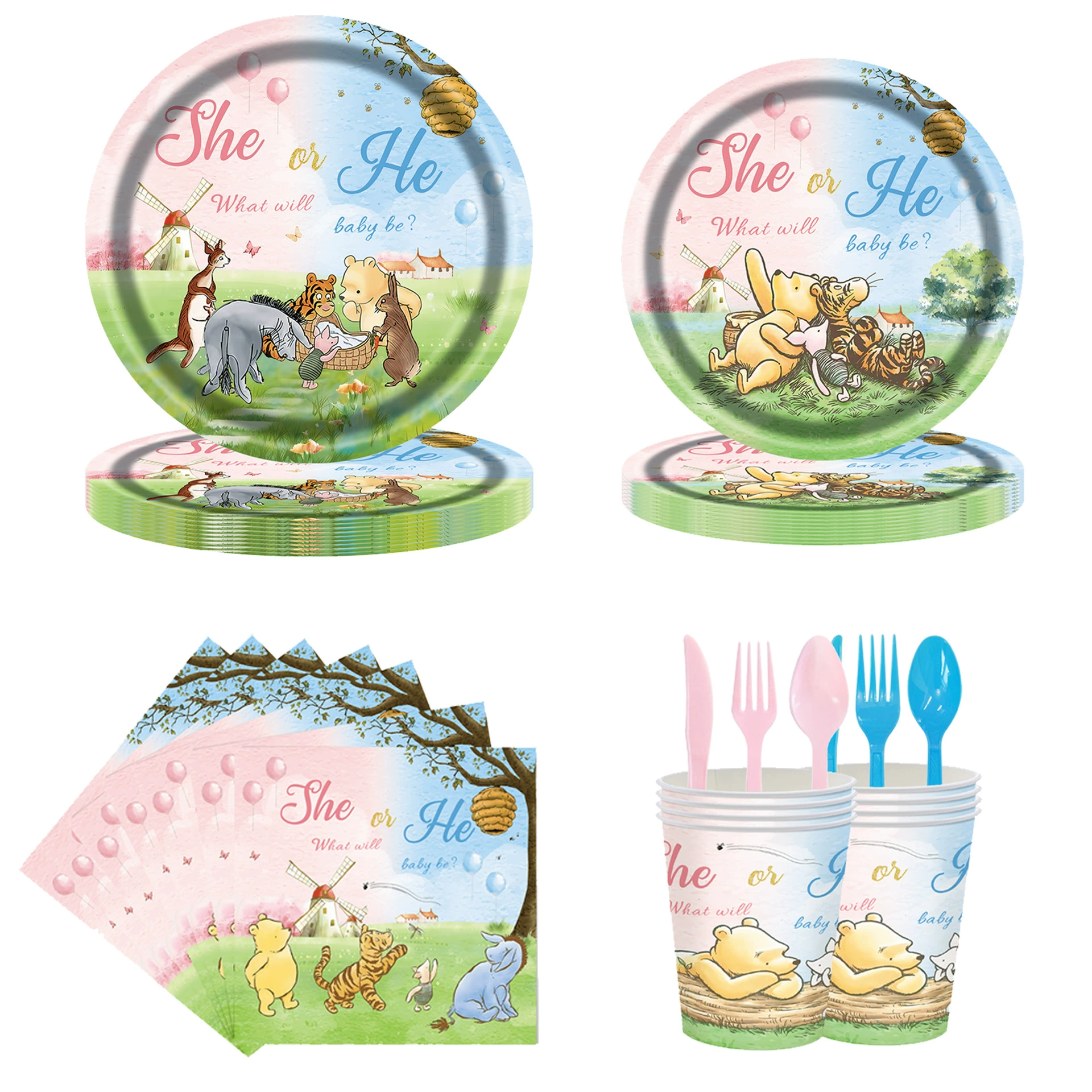 Cartoon tableware, blue wipes, with little bears