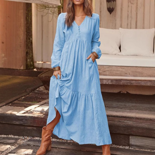  Autumn/Winter European and American Foreign Women's Button Cotton Linen Retro Casual Long-Sleeve Dress with Full Skirt in Multiple Colors