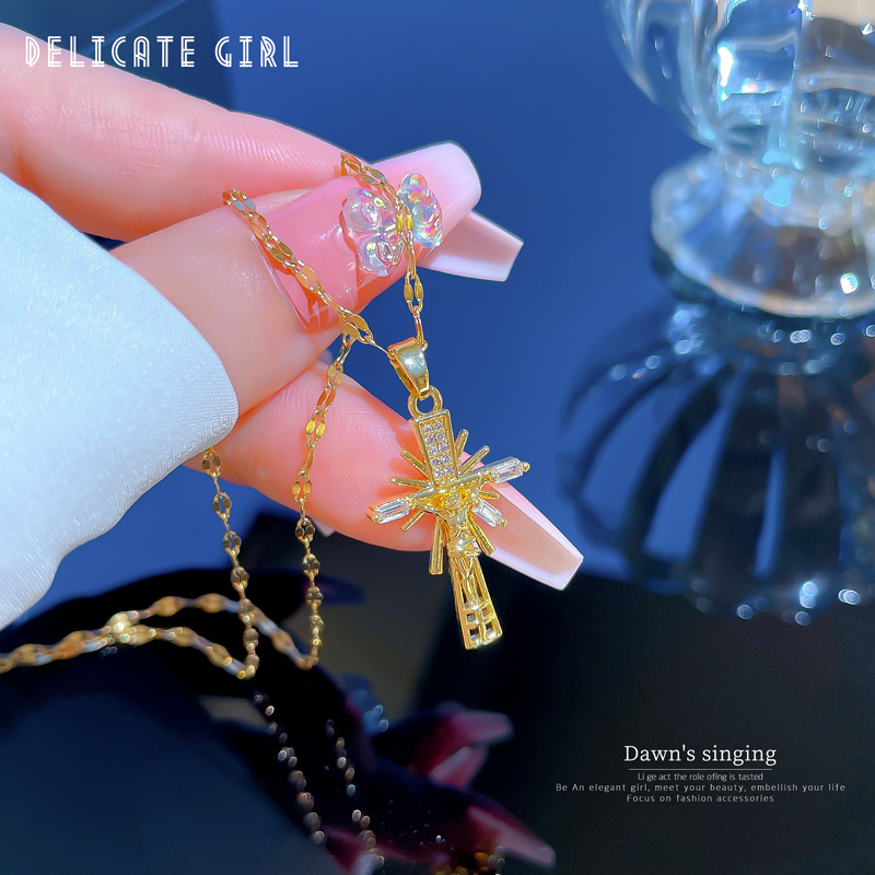 Collana con croce e ritratto da donna in acciaio inossidabile_voghion.com