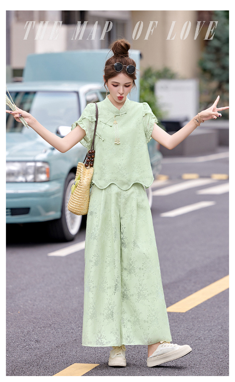 Bộ váy hai mảnh tay ngắn phong cách Trung Hoa cổ điển họa tiết jacquard mùa hè 2025 — Màu vàng be, Màu xanh lá chi tiết 3