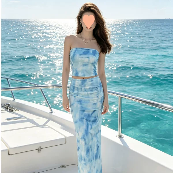 Cross-border European and American style 2026 summer new women's clothing blue illusion gradient print tank top and matching skirt set