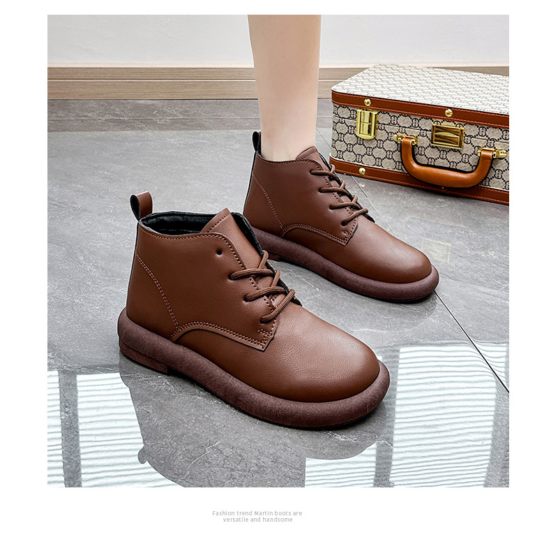 British Style Women's Leather Ankle Boots With Lace Up Thick Sole_voghion.com